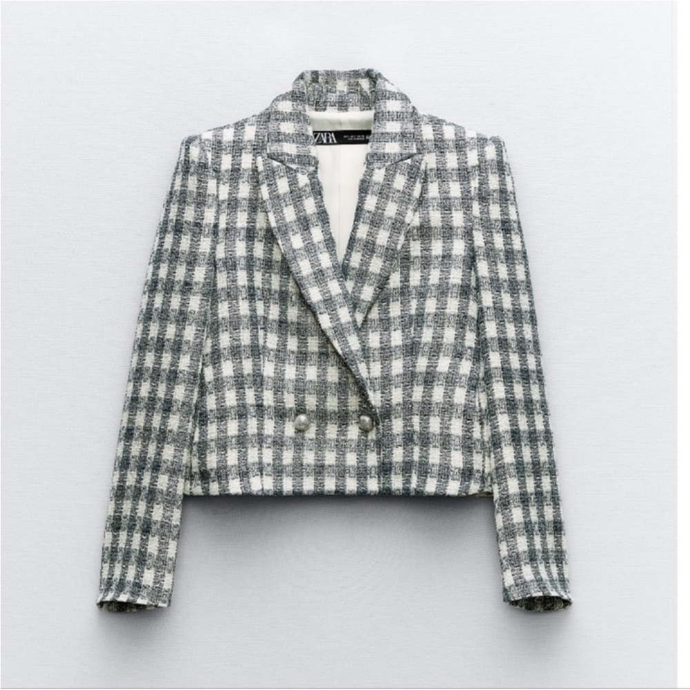 Zara Cropped Tweed Style Plaid Blazer. Navy & White. Size Medium.